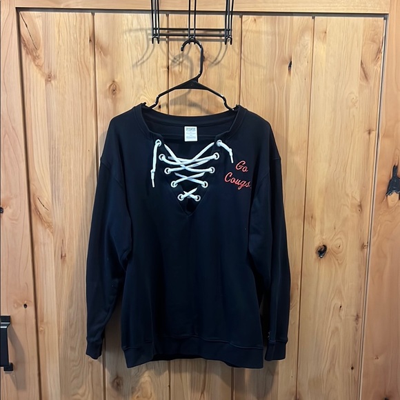 Pink Victoria’s Secret Vintage Black Lace-Up Sweatshirt “Go Cougs” Embroidery - Picture 1 of 9